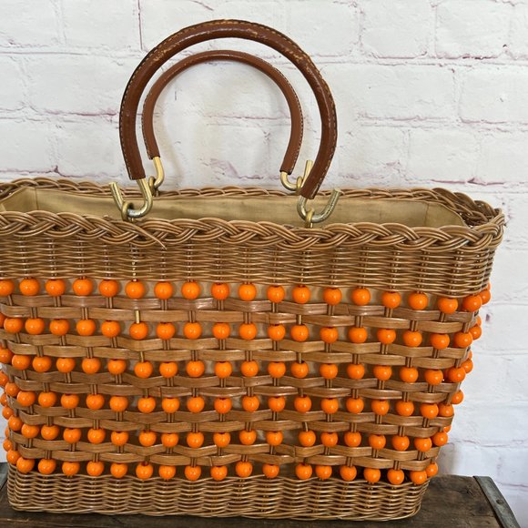 60's Straw & Beaded Tote Bag/Purse - Leather Handle - Boho - Mod - Coated Straw - Picture 5 of 9